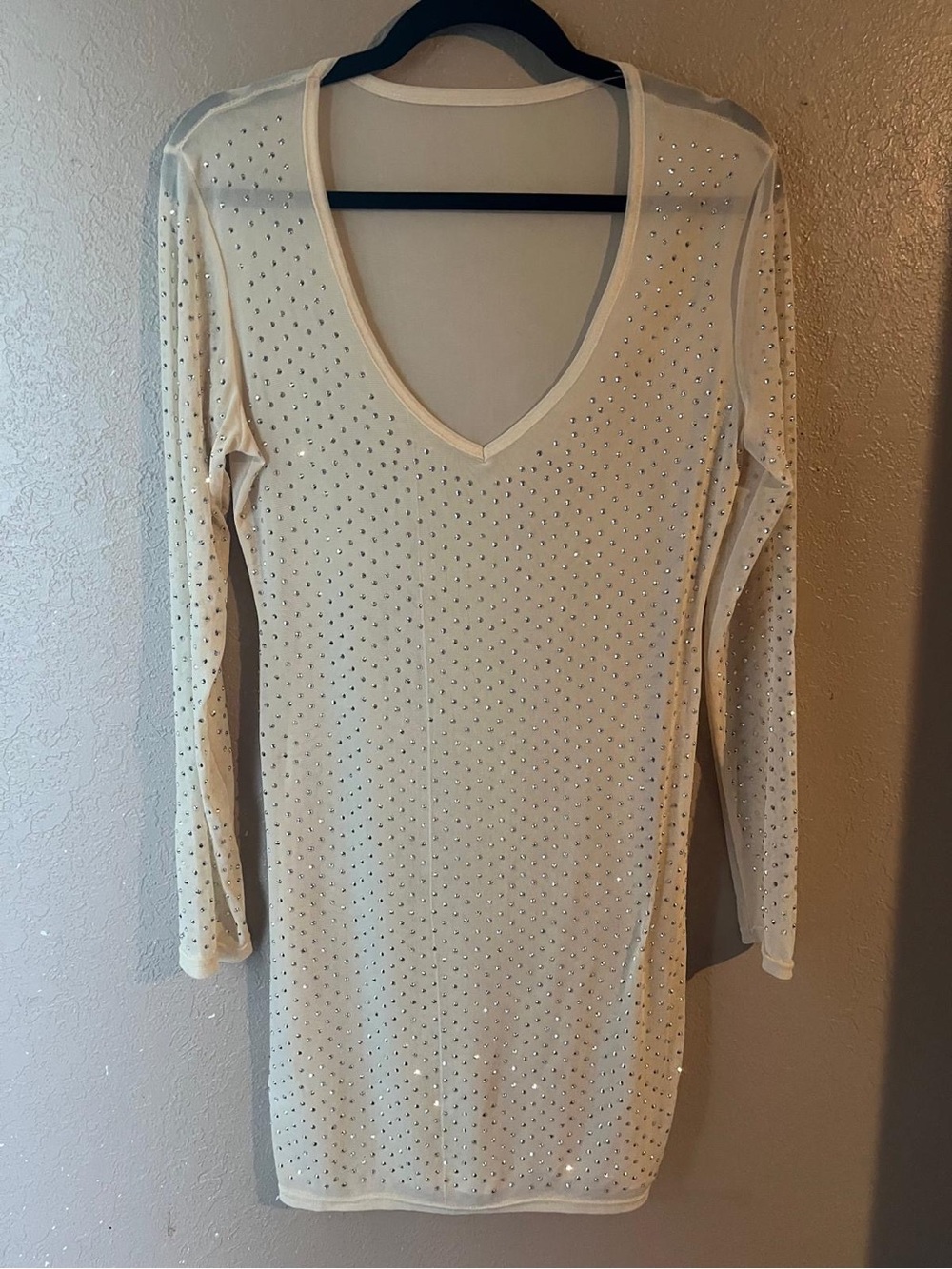 Long Sleeve V-Neck Studded Cream Dress